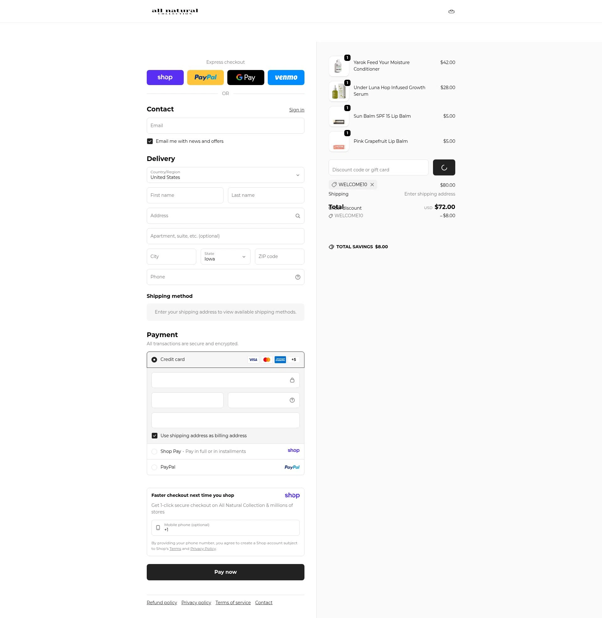 All Natural Collection checkout page showing All Natural Collection promo code box | Screenshot taken by SimplyCodes community member on Jan 7, 2026