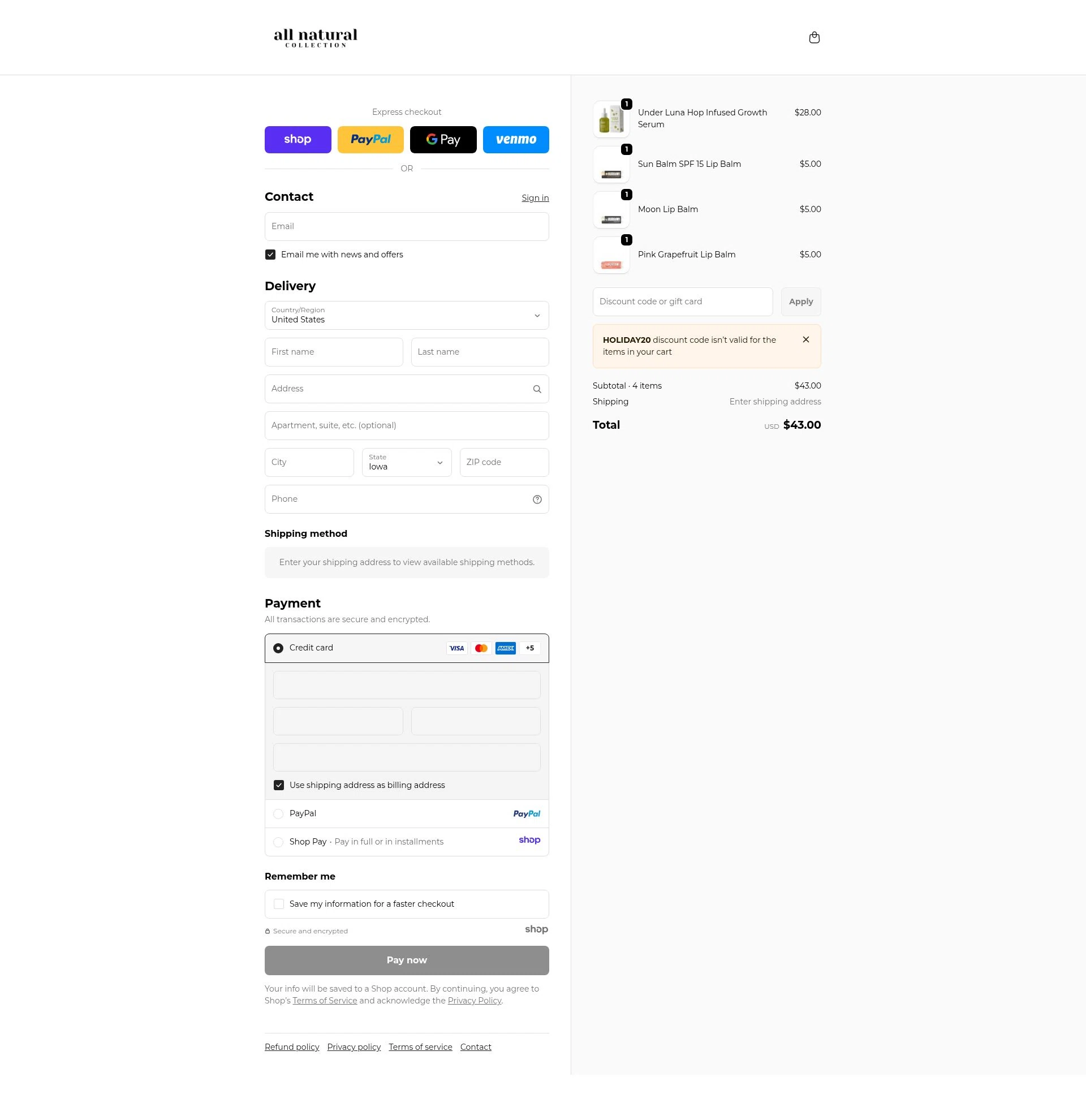 All Natural Collection checkout page showing All Natural Collection promo code box | Screenshot taken by SimplyCodes community member on Dec 17, 2025