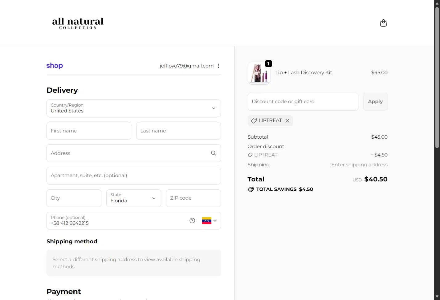 All Natural Collection checkout page showing All Natural Collection promo code box | Screenshot taken by SimplyCodes community member on Dec 24, 2025