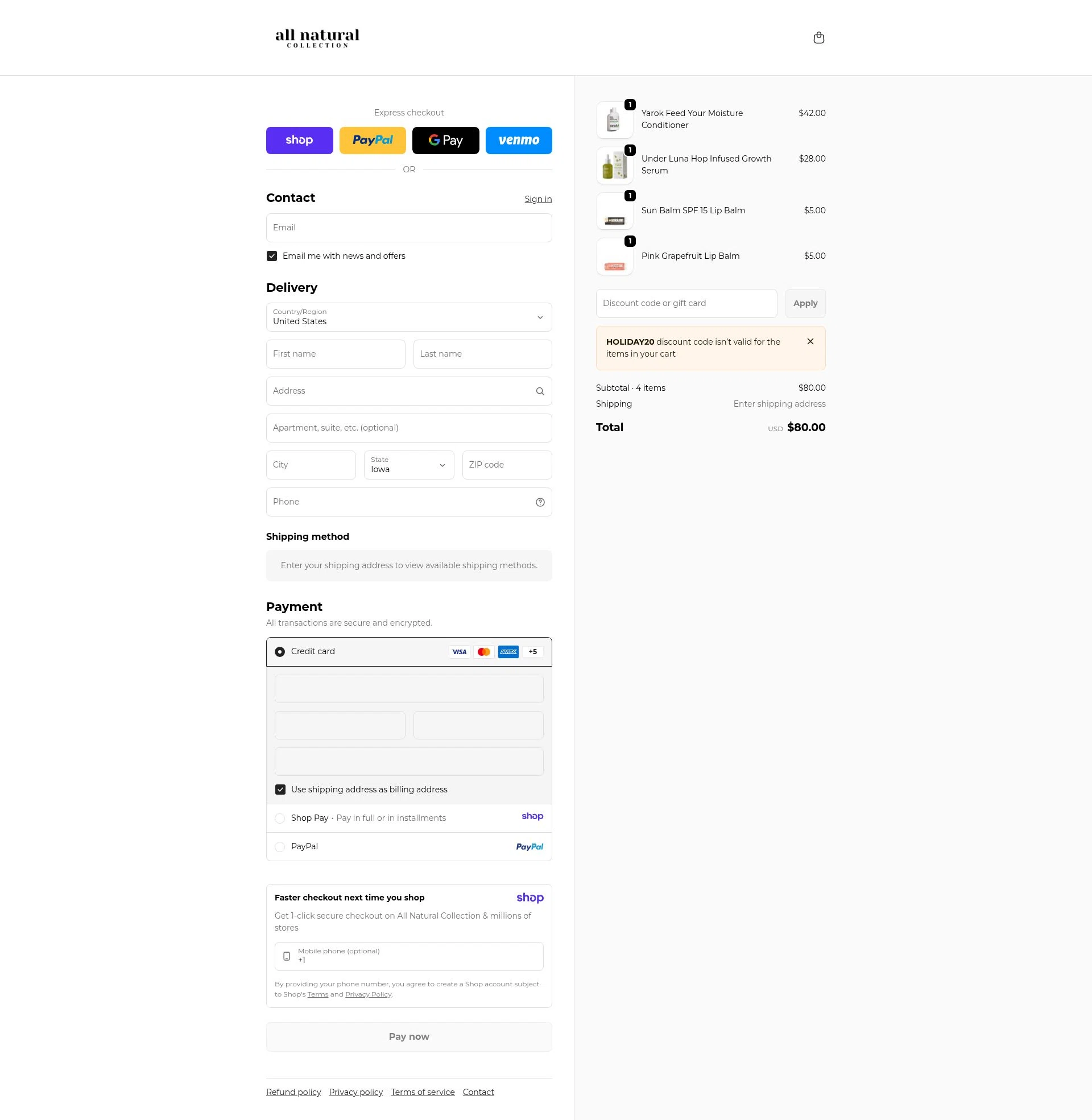 All Natural Collection checkout page showing All Natural Collection promo code box | Screenshot taken by SimplyCodes community member on Jan 7, 2026