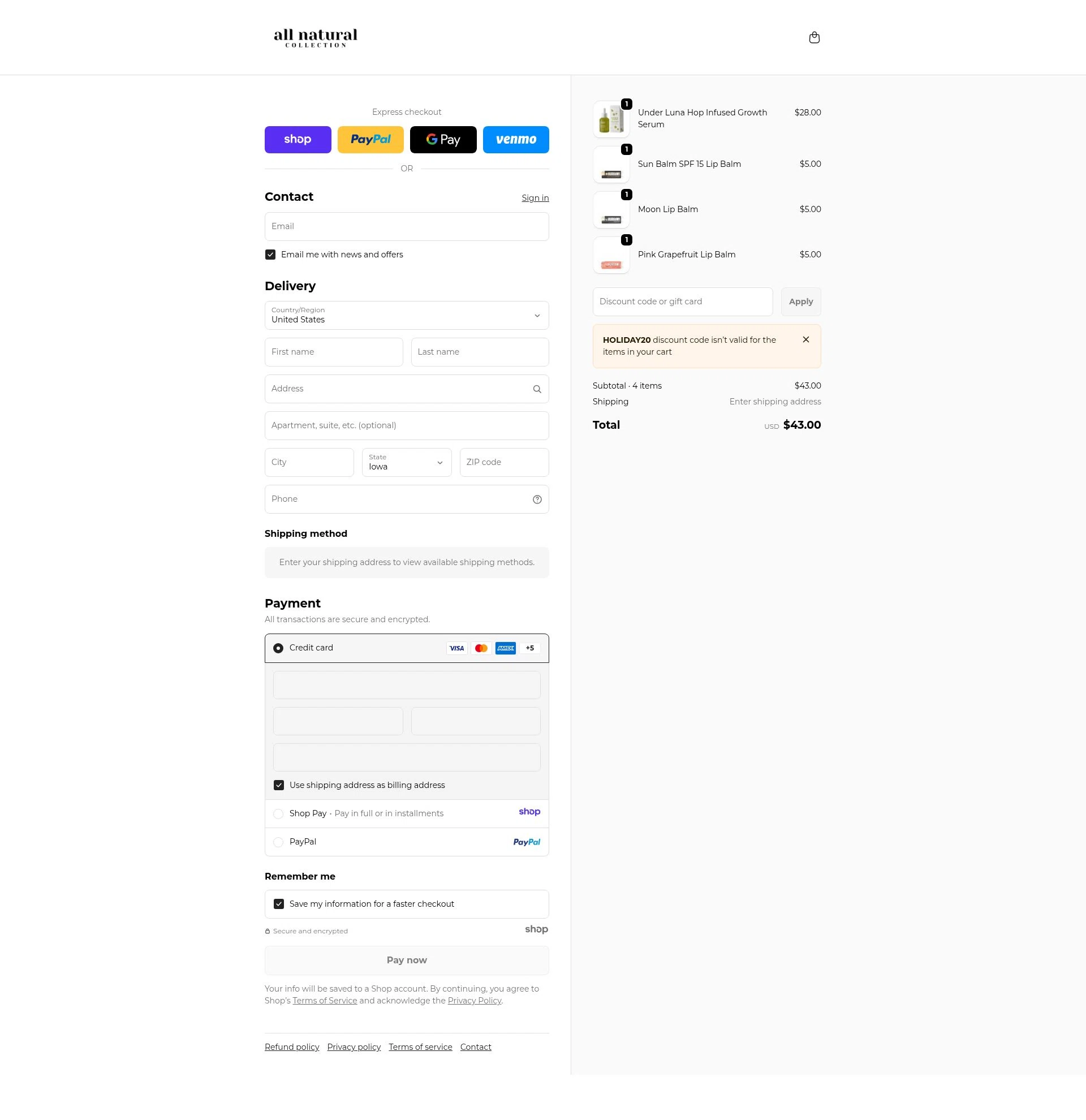 All Natural Collection checkout page showing All Natural Collection promo code box | Screenshot taken by SimplyCodes community member on Dec 28, 2025
