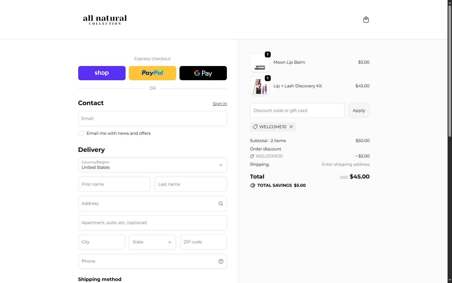 All Natural Collection checkout page showing All Natural Collection promo code box | Screenshot taken by SimplyCodes community member on Jan 3, 2026