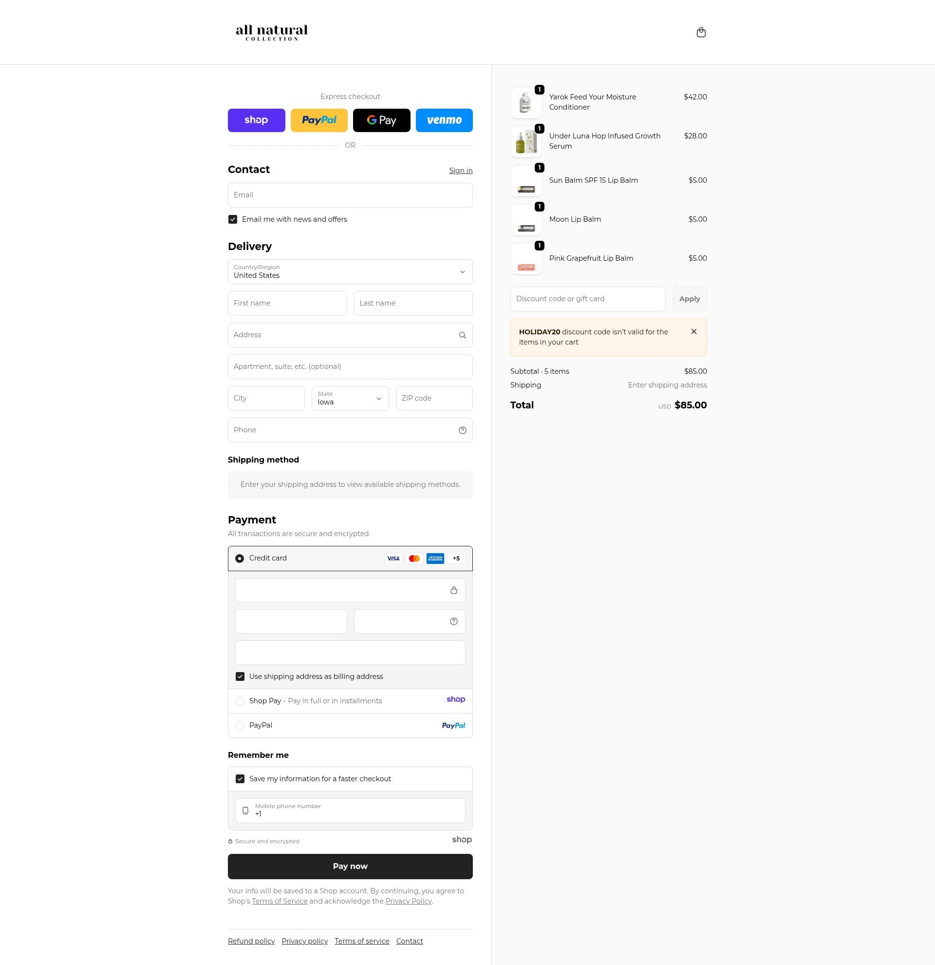 All Natural Collection checkout page showing All Natural Collection promo code box | Screenshot taken by SimplyCodes community member on Jan 2, 2026