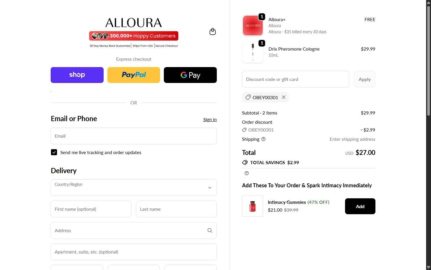Alloura checkout page showing Alloura discount code box | Screenshot taken by SimplyCodes community member on Feb 24, 2026