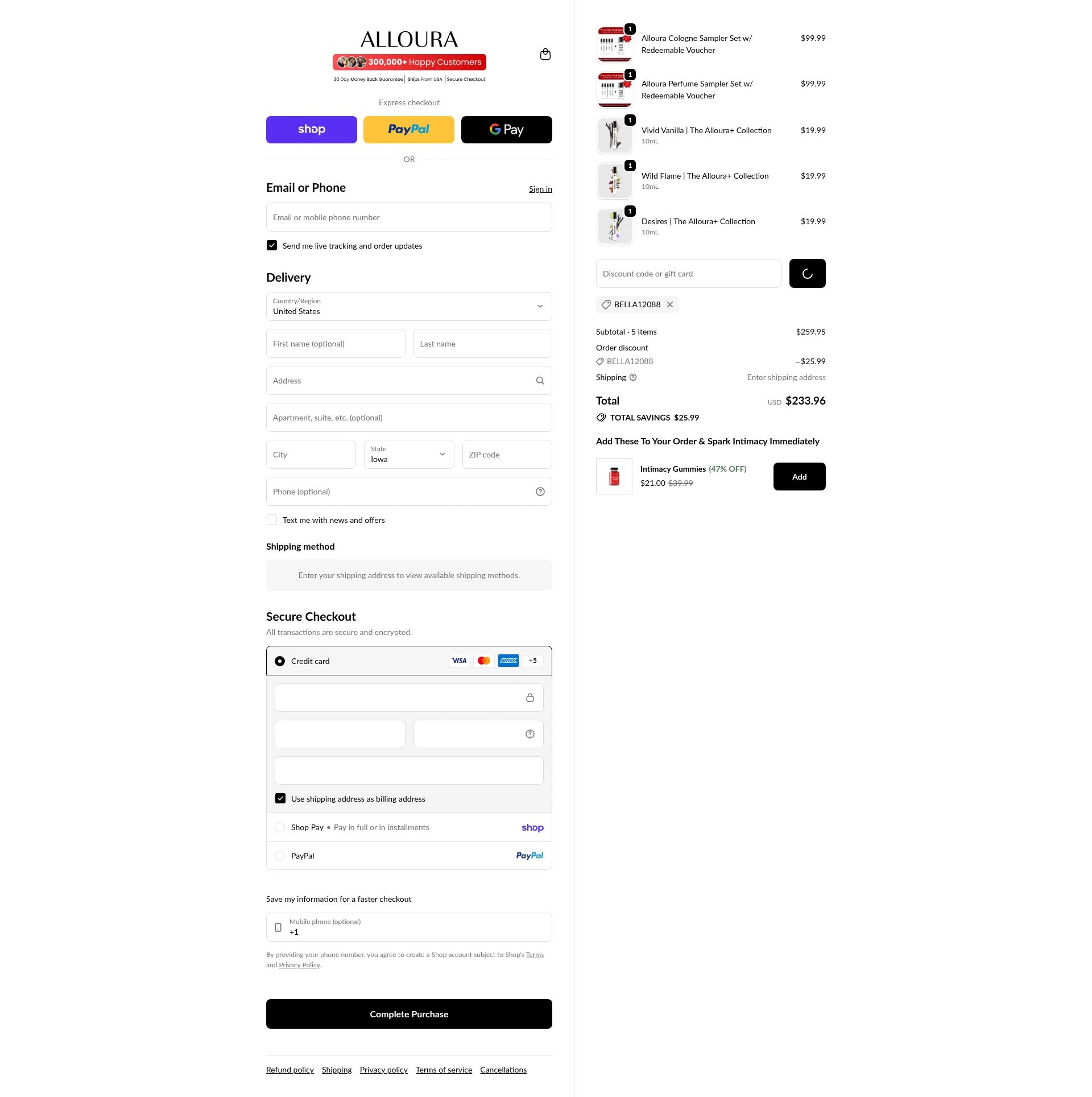 Alloura checkout page showing Alloura discount code box | Screenshot taken by SimplyCodes community member on Feb 24, 2026