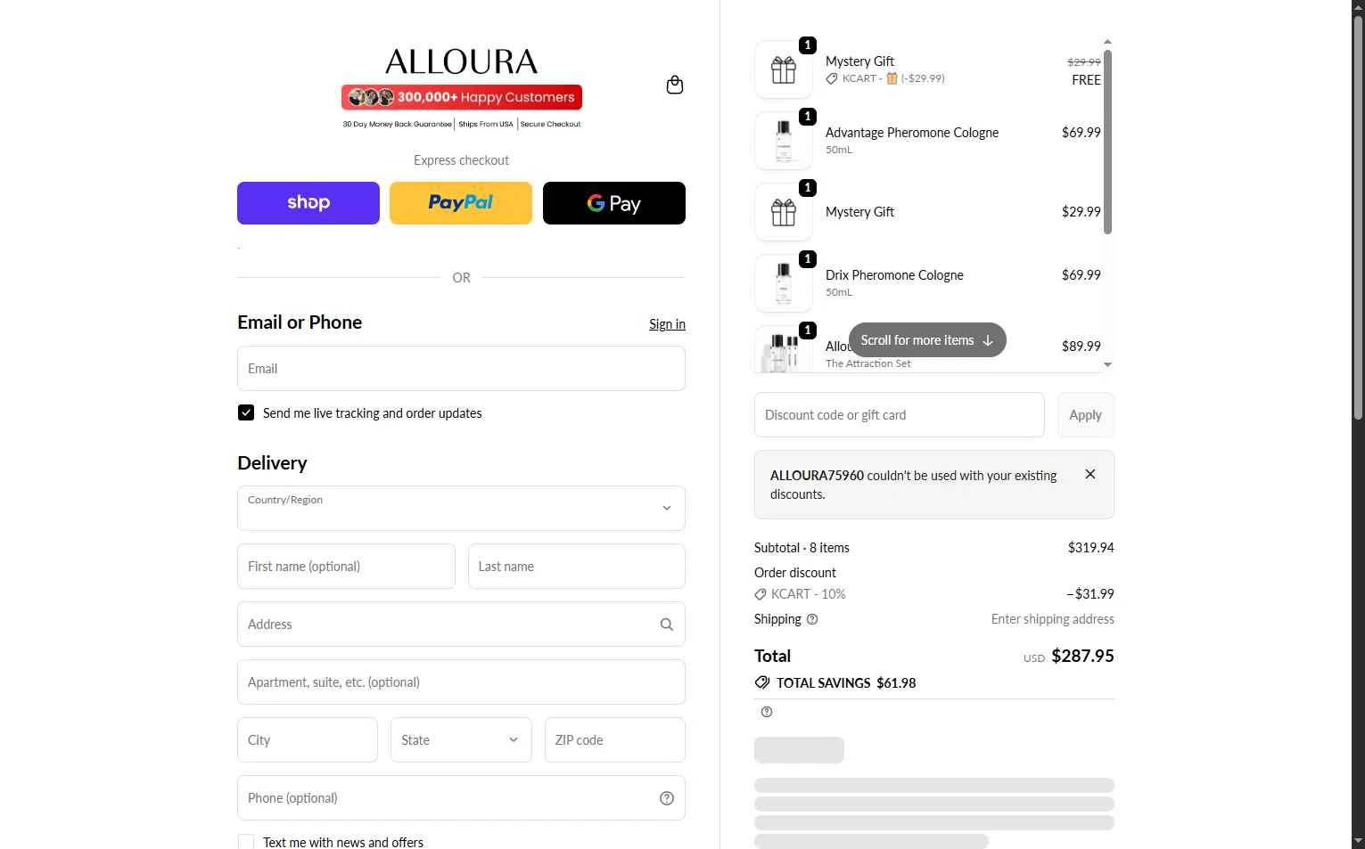 Alloura checkout page showing Alloura discount code box | Screenshot taken by SimplyCodes community member on Feb 24, 2026