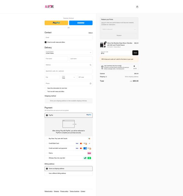 Allove Hair checkout page showing Allove Hair discount code box | Screenshot taken by SimplyCodes community member on Sep 13, 2025