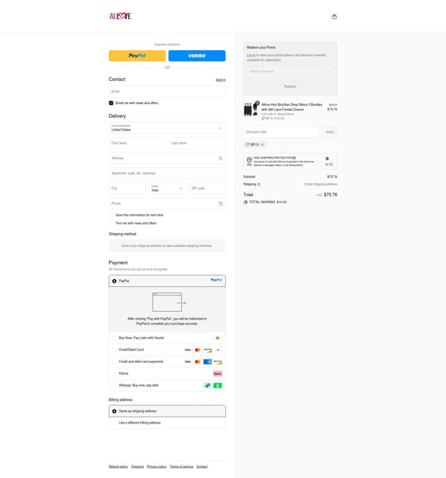 Allove Hair checkout page showing Allove Hair discount code box | Screenshot taken by SimplyCodes community member on Sep 13, 2025