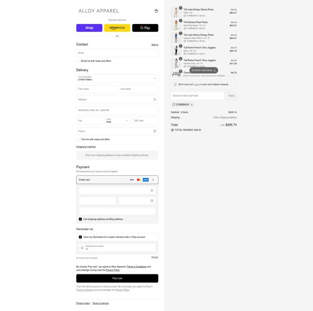 Alloy Apparel checkout page showing Alloy Apparel coupon code box | Screenshot taken by SimplyCodes community member on Sep 11, 2025