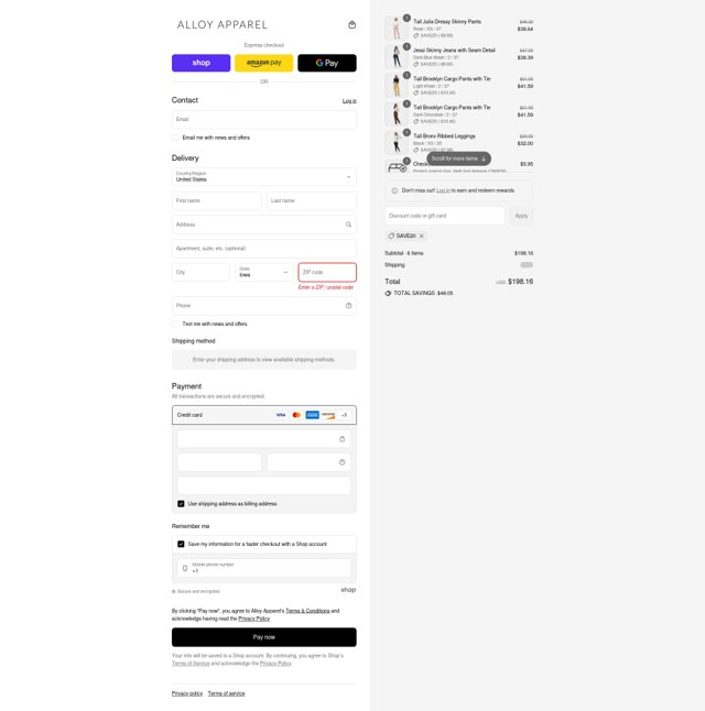 Alloy Apparel checkout page showing Alloy Apparel coupon code box | Screenshot taken by SimplyCodes community member on Aug 29, 2025