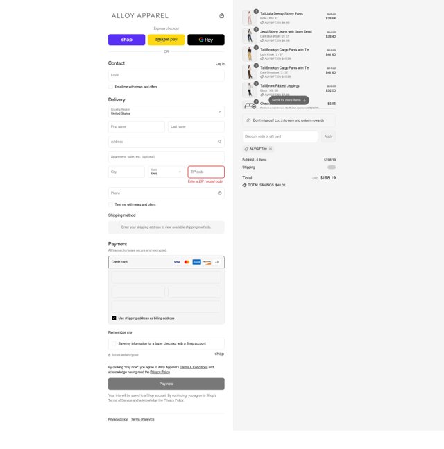 Alloy Apparel checkout page showing Alloy Apparel coupon code box | Screenshot taken by SimplyCodes community member on Aug 29, 2025