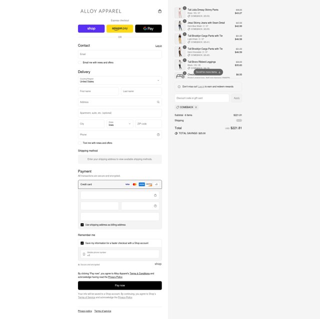 Alloy Apparel checkout page showing Alloy Apparel coupon code box | Screenshot taken by SimplyCodes community member on Aug 29, 2025