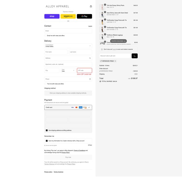 Alloy Apparel checkout page showing Alloy Apparel coupon code box | Screenshot taken by SimplyCodes community member on Aug 29, 2025