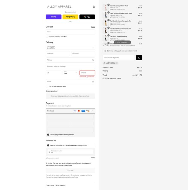 Alloy Apparel checkout page showing Alloy Apparel coupon code box | Screenshot taken by SimplyCodes community member on Aug 29, 2025