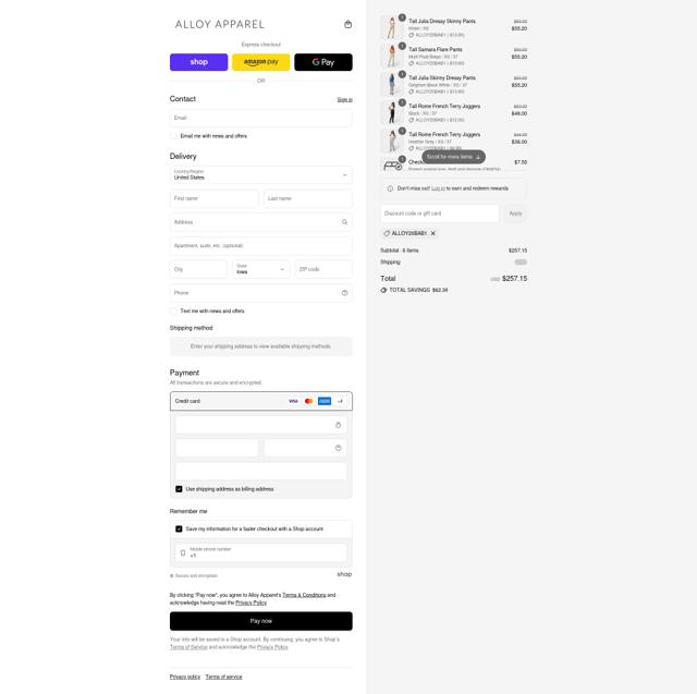 Alloy Apparel checkout page showing Alloy Apparel coupon code box | Screenshot taken by SimplyCodes community member on Sep 11, 2025