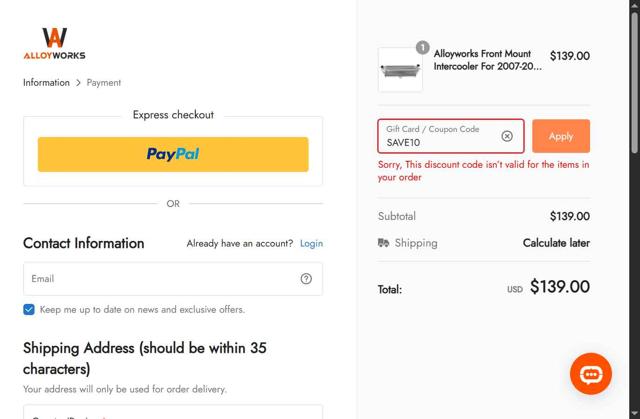 AlloyWorks checkout page showing AlloyWorks coupon code box | Screenshot taken by SimplyCodes community member on Sep 3, 2025