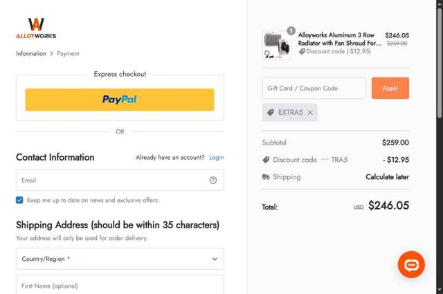 AlloyWorks checkout page showing AlloyWorks coupon code box | Screenshot taken by SimplyCodes community member on Sep 16, 2025