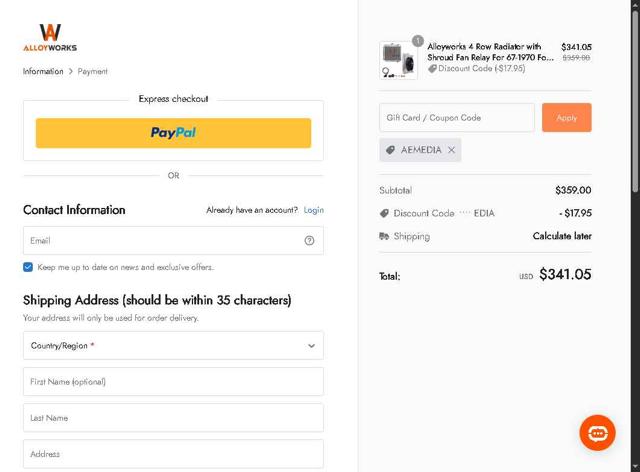 AlloyWorks checkout page showing AlloyWorks coupon code box | Screenshot taken by SimplyCodes community member on Sep 5, 2025