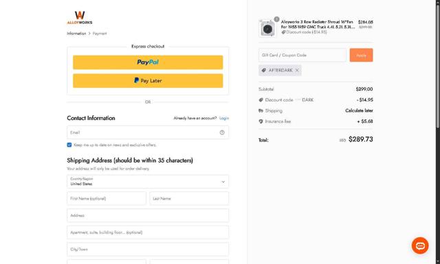 AlloyWorks checkout page showing AlloyWorks coupon code box | Screenshot taken by SimplyCodes community member on Sep 11, 2025