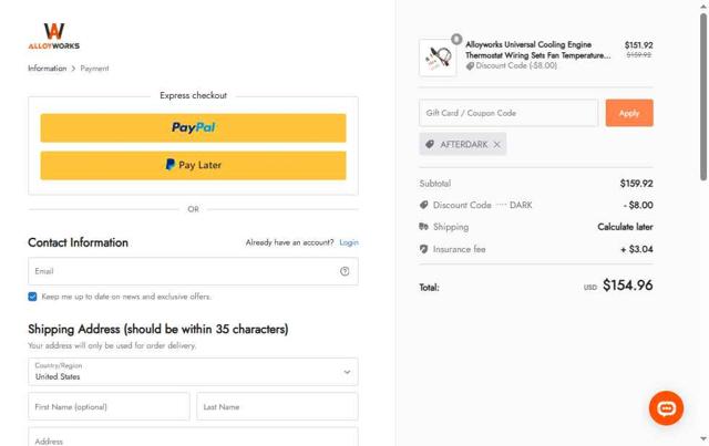 AlloyWorks checkout page showing AlloyWorks coupon code box | Screenshot taken by SimplyCodes community member on Sep 3, 2025