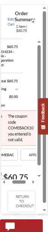 COMEBACK10 coupon verification screenshot