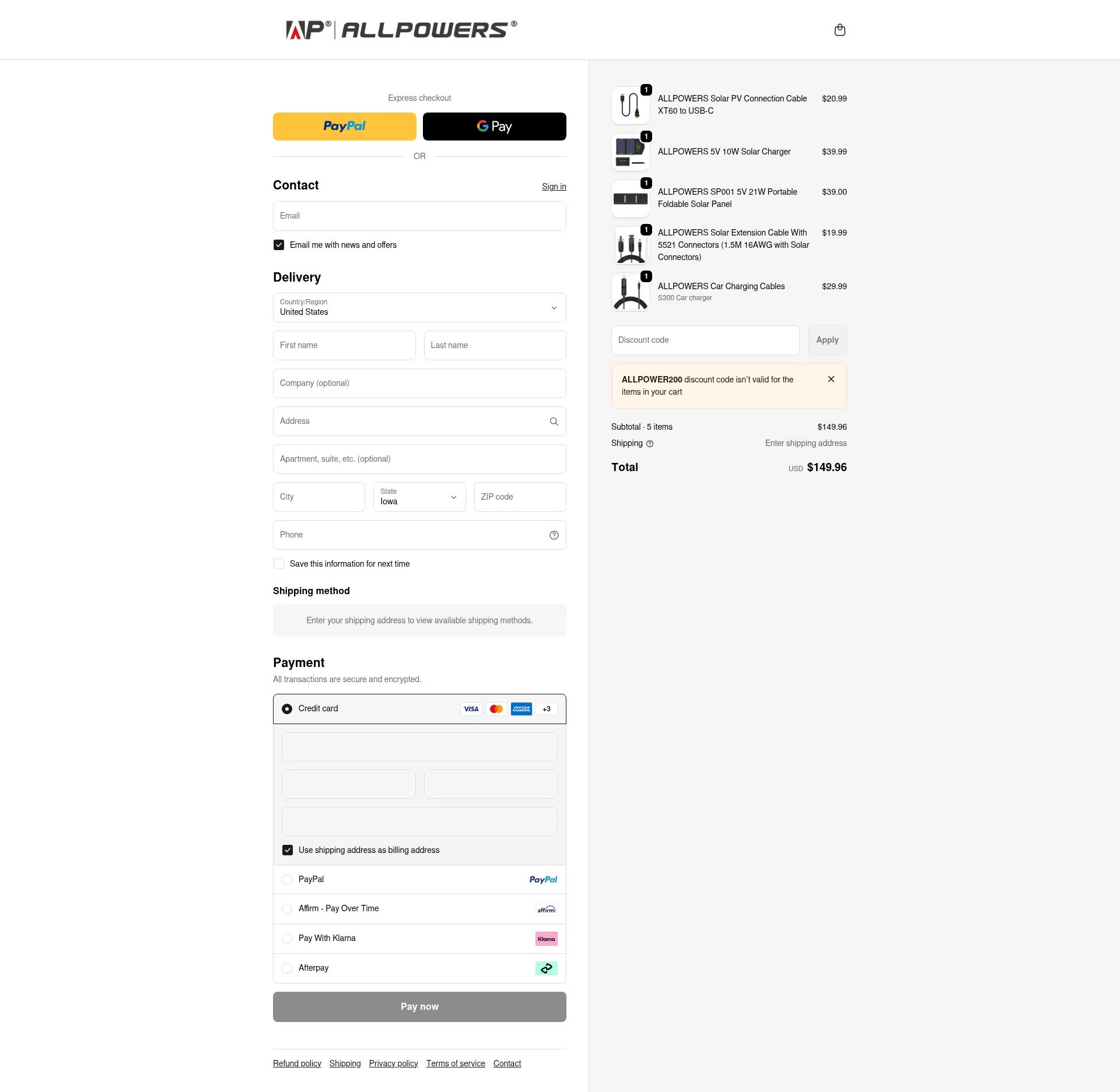 ALLPOWERS checkout page showing ALLPOWERS discount code box | Screenshot taken by SimplyCodes community member on Jan 10, 2026