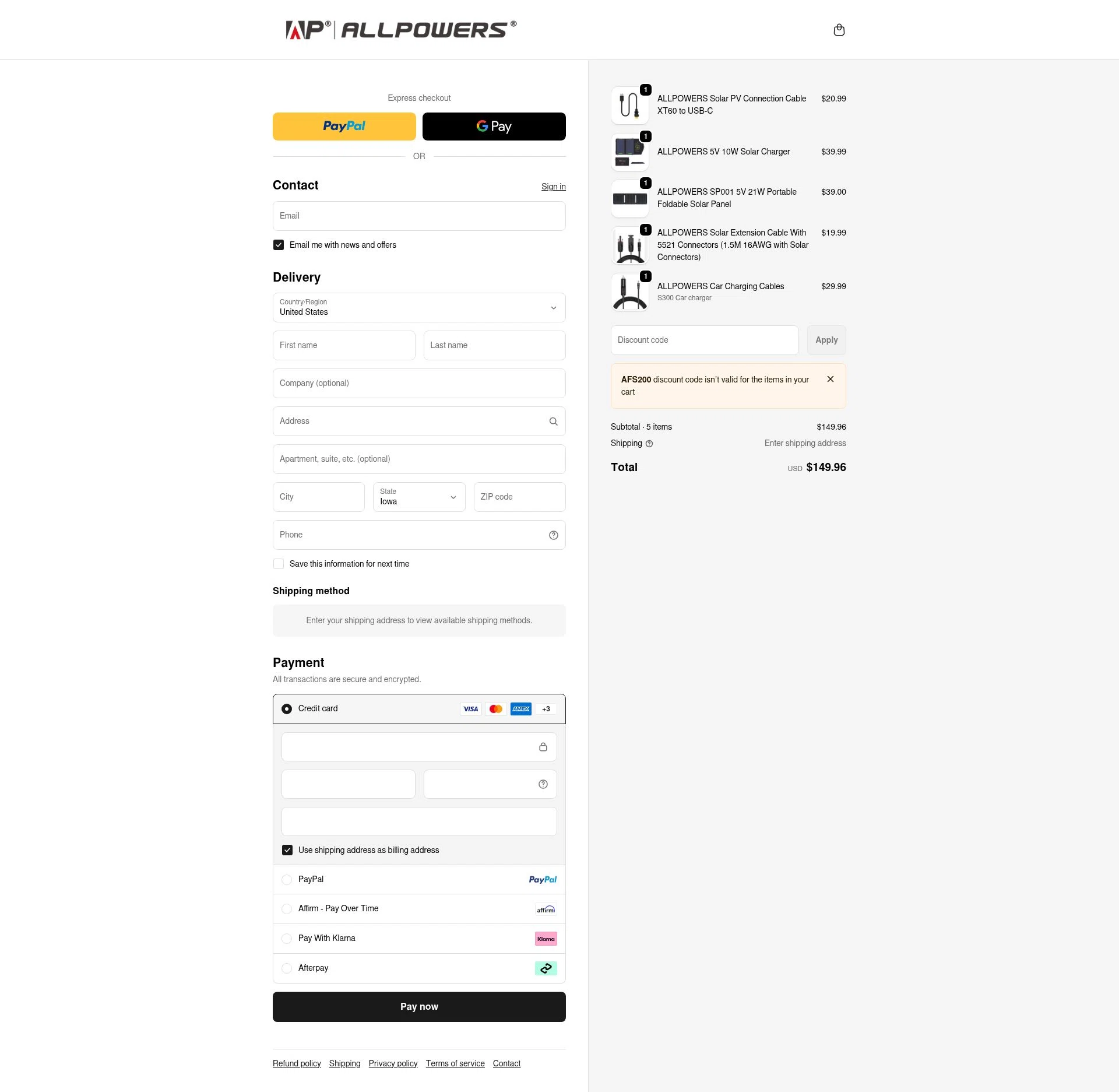 ALLPOWERS checkout page showing ALLPOWERS discount code box | Screenshot taken by SimplyCodes community member on Jan 10, 2026