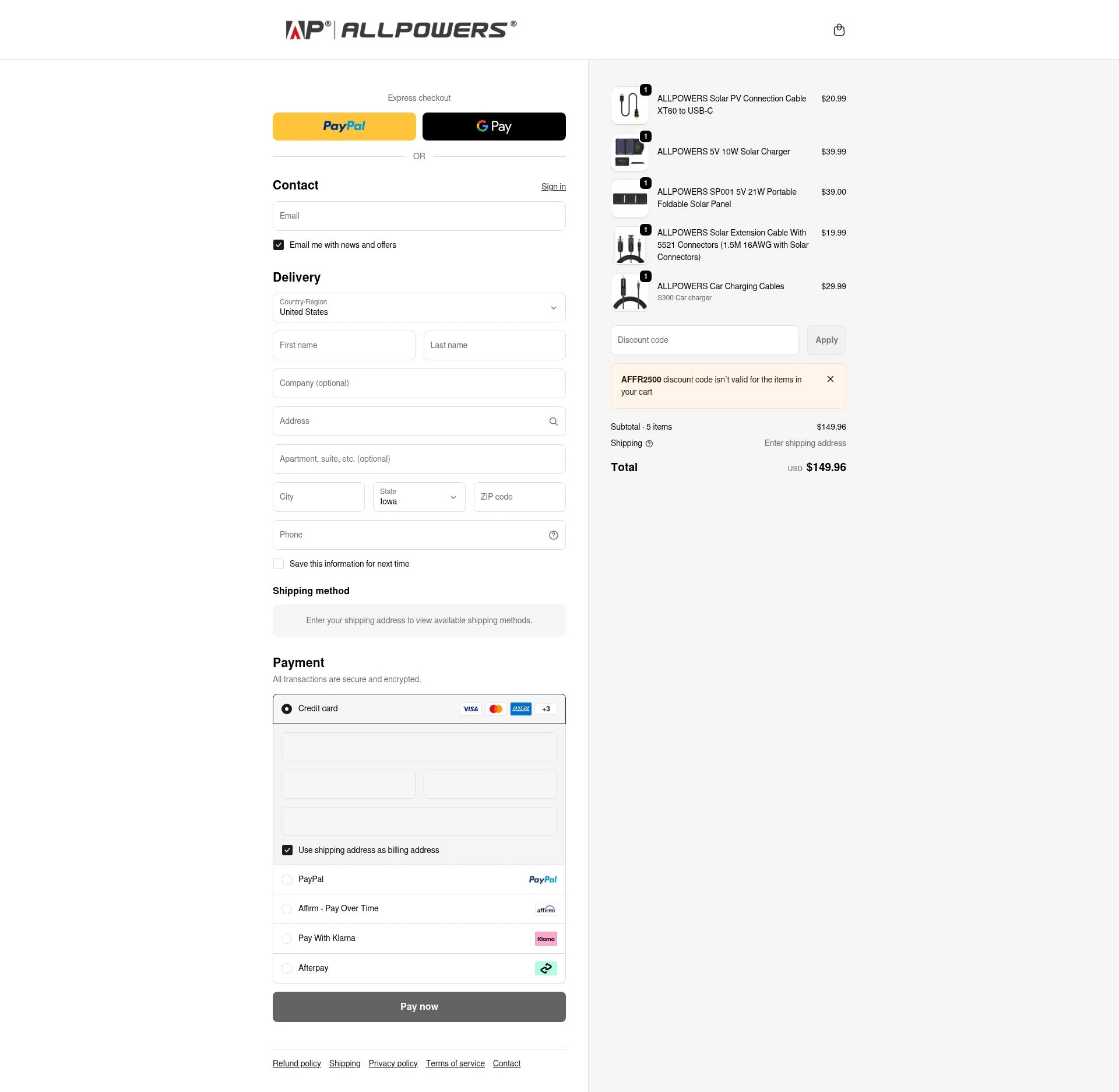 ALLPOWERS checkout page showing ALLPOWERS discount code box | Screenshot taken by SimplyCodes community member on Jan 10, 2026