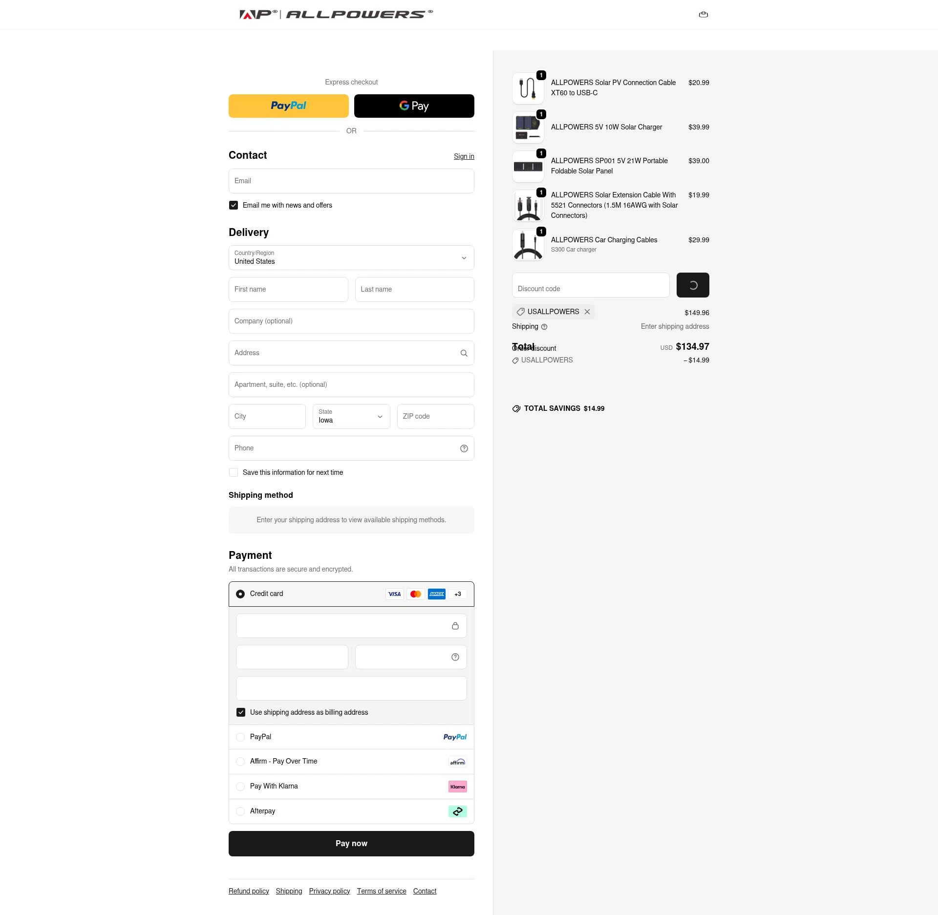 ALLPOWERS checkout page showing ALLPOWERS discount code box | Screenshot taken by SimplyCodes community member on Jan 10, 2026