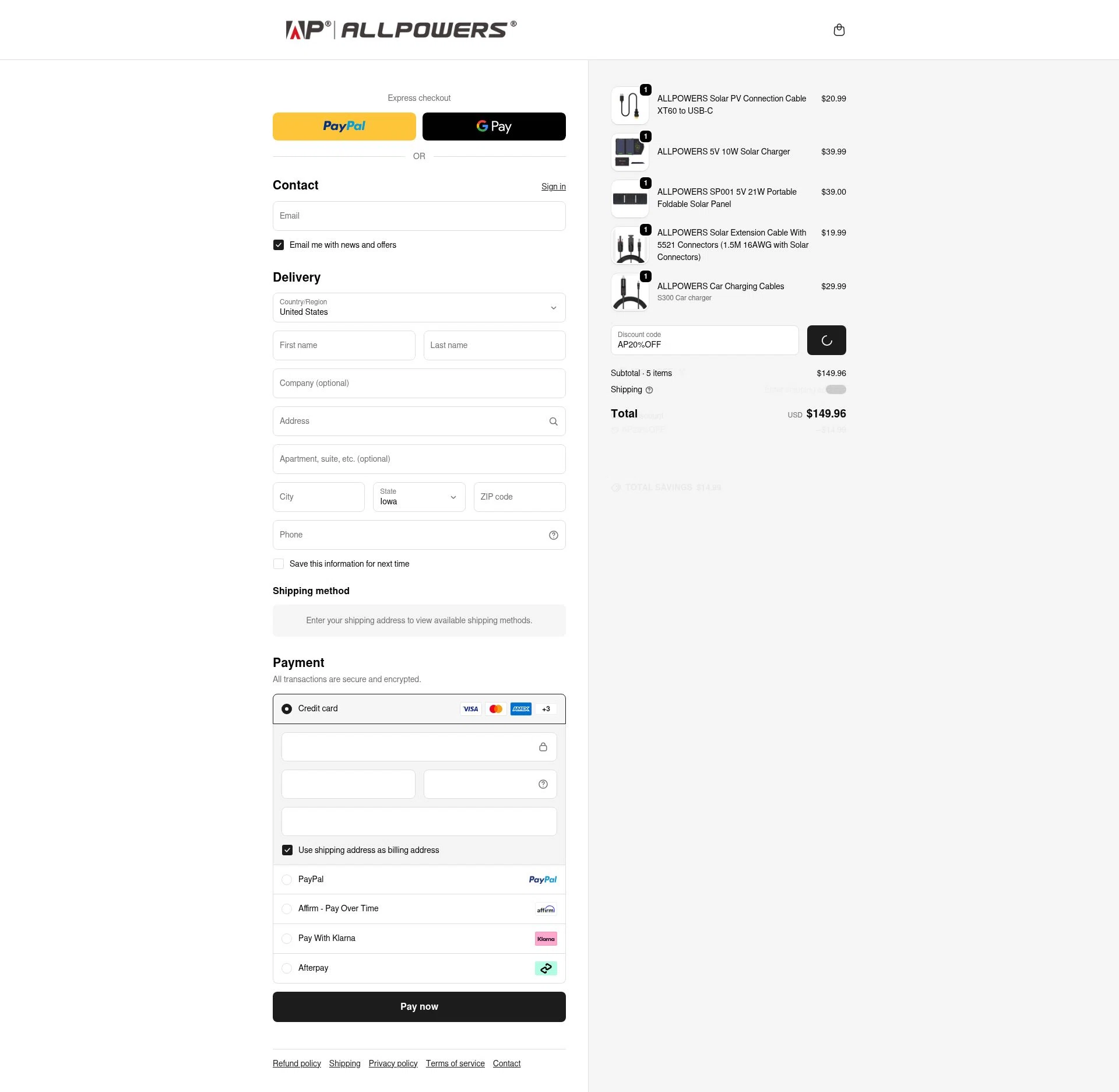 ALLPOWERS checkout page showing ALLPOWERS discount code box | Screenshot taken by SimplyCodes community member on Jan 10, 2026