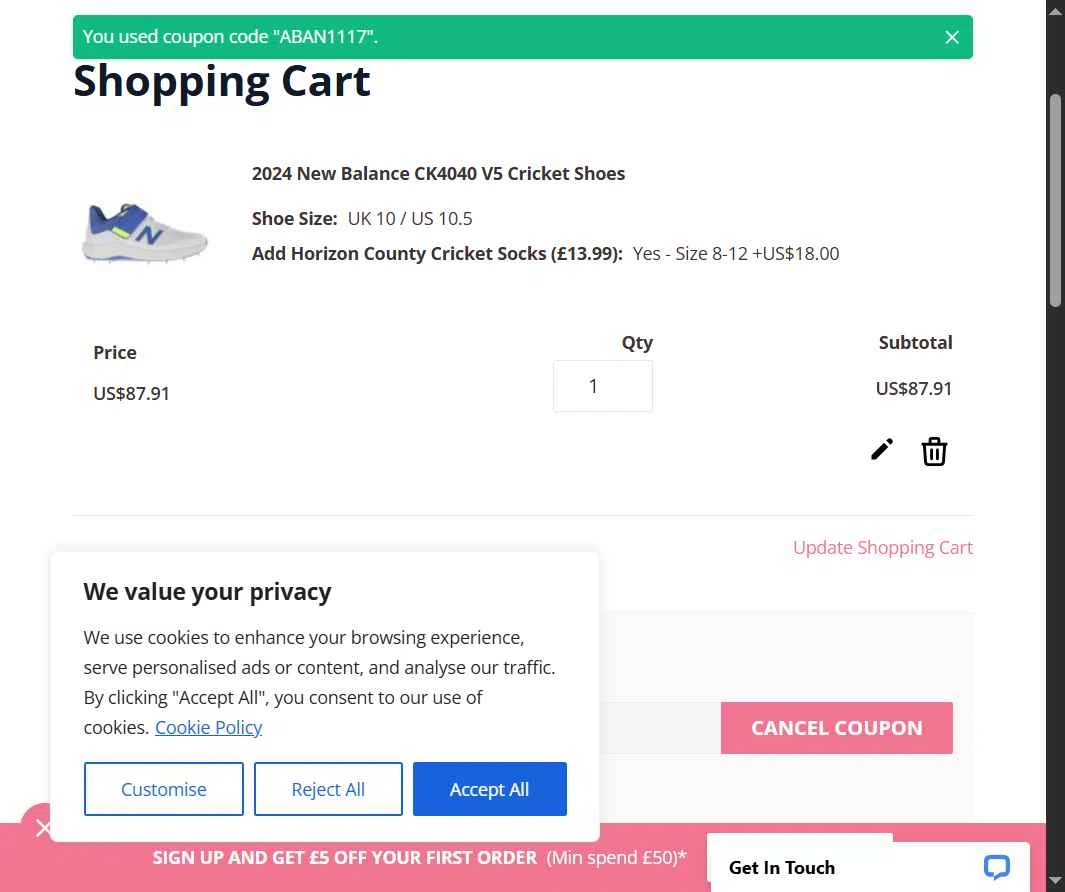 All Rounder Cricket checkout page showing All Rounder Cricket discount code box | Screenshot taken by SimplyCodes community member on Oct 6, 2025