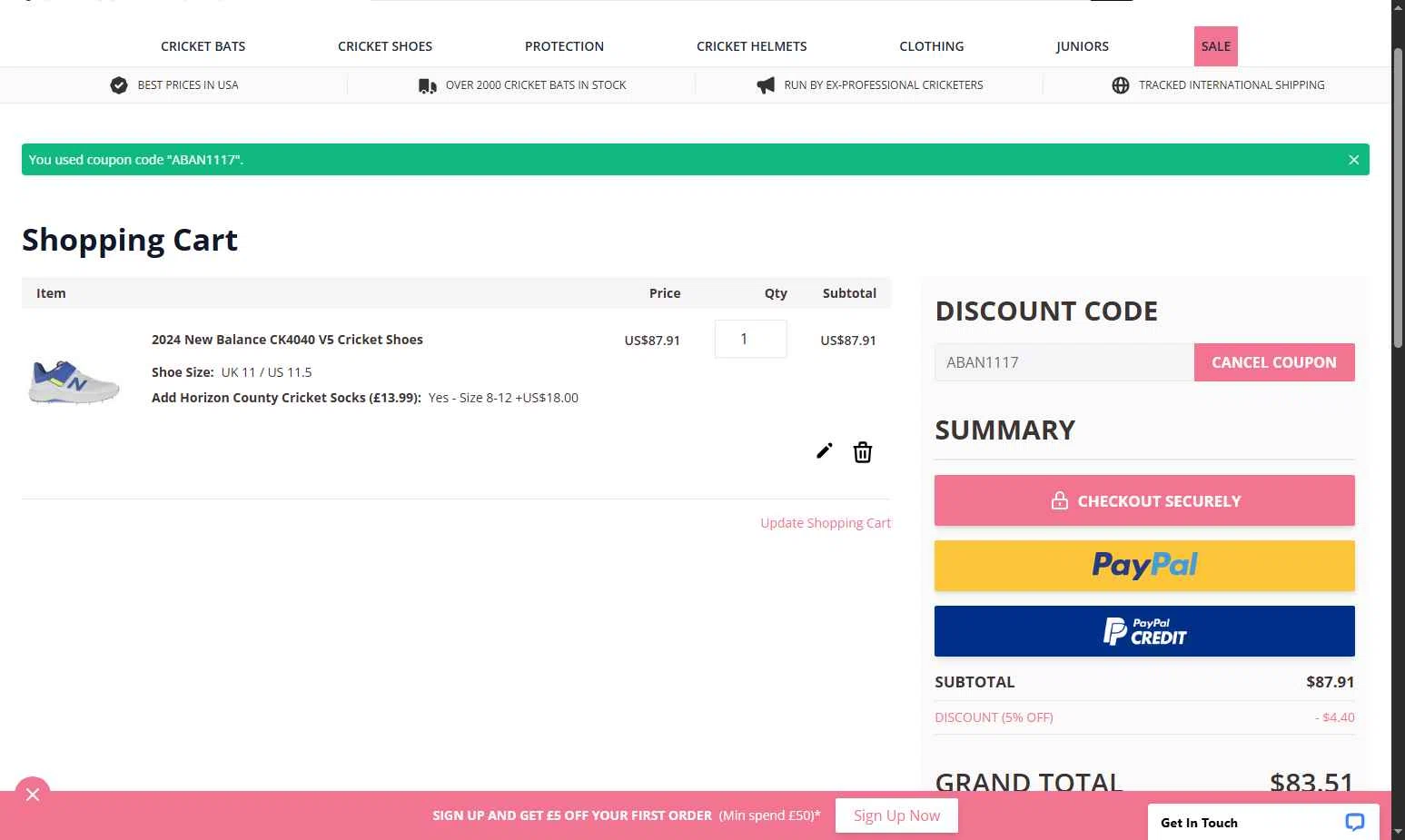 All Rounder Cricket checkout page showing All Rounder Cricket discount code box | Screenshot taken by SimplyCodes community member on Nov 4, 2025