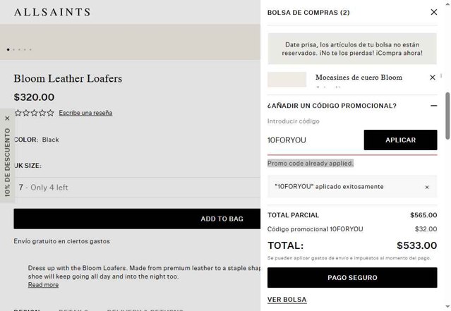 AllSaints checkout page showing AllSaints promo code box | Screenshot taken by SimplyCodes community member on Jun 9, 2025
