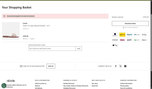 Allsole checkout page showing Allsole promo code box | Screenshot taken by SimplyCodes community member on Sep 10, 2025