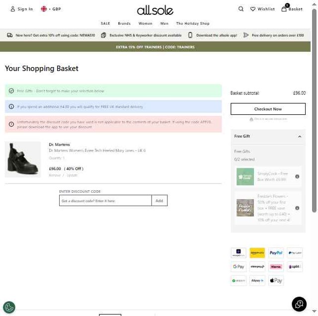 Allsole checkout page showing Allsole promo code box | Screenshot taken by SimplyCodes community member on Aug 13, 2025