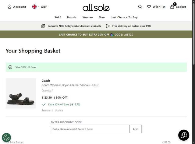 Allsole checkout page showing Allsole promo code box | Screenshot taken by SimplyCodes community member on Aug 30, 2025