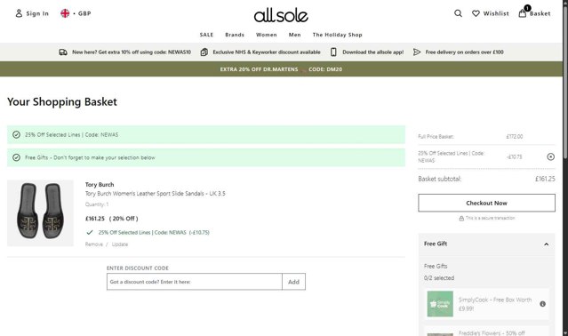 Allsole checkout page showing Allsole promo code box | Screenshot taken by SimplyCodes community member on Aug 19, 2025