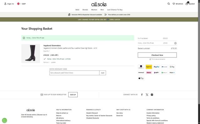 Allsole checkout page showing Allsole promo code box | Screenshot taken by SimplyCodes community member on Sep 9, 2025