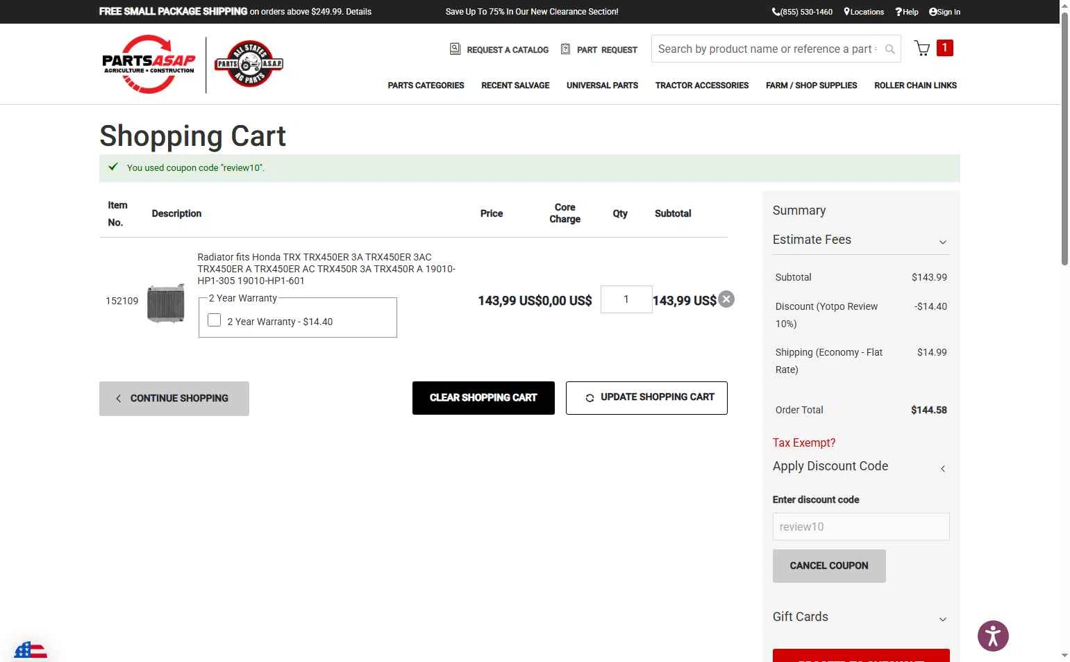 All States Ag Parts checkout page showing All States Ag Parts discount code box | Screenshot taken by SimplyCodes community member on Aug 4, 2025