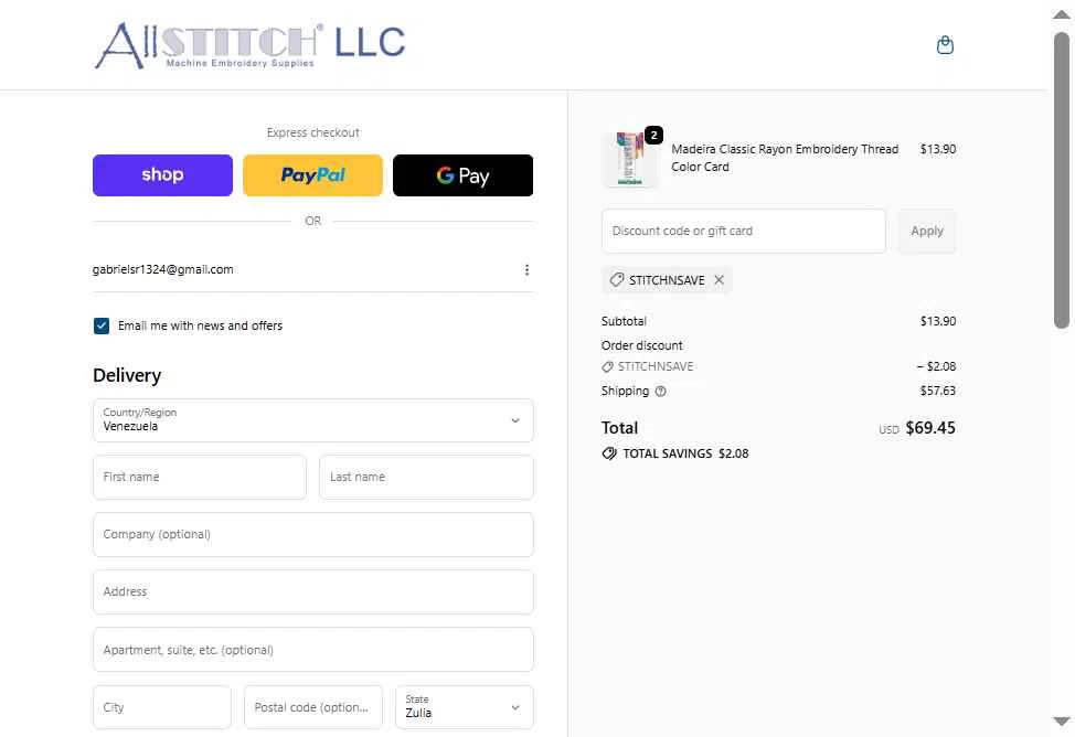 AllStitch checkout page showing AllStitch promo code box | Screenshot taken by SimplyCodes community member on Nov 3, 2025