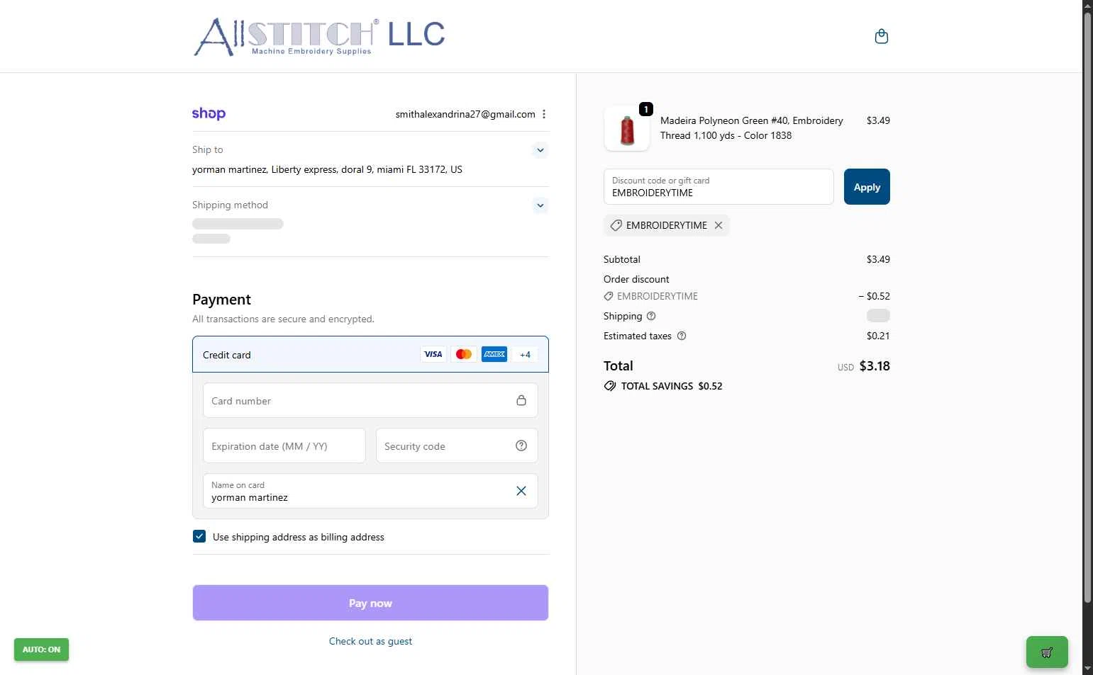 AllStitch checkout page showing AllStitch promo code box | Screenshot taken by SimplyCodes community member on Nov 27, 2025