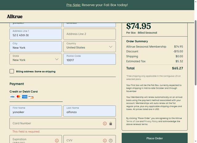 Alltrue checkout page showing Alltrue promo code box | Screenshot taken by SimplyCodes community member on Sep 11, 2025