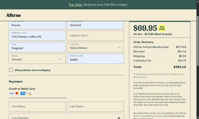Alltrue checkout page showing Alltrue promo code box | Screenshot taken by SimplyCodes community member on Sep 4, 2025