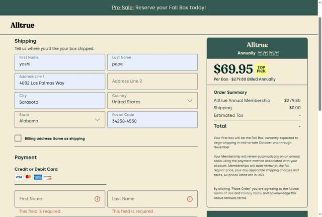Alltrue checkout page showing Alltrue promo code box | Screenshot taken by SimplyCodes community member on Sep 13, 2025