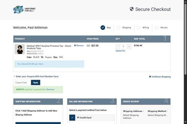 All Uniform Wear checkout page showing All Uniform Wear coupon code box | Screenshot taken by SimplyCodes community member on Aug 9, 2025