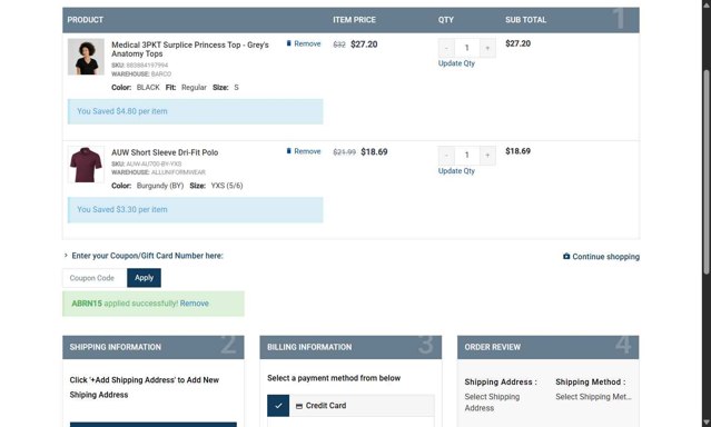 All Uniform Wear checkout page showing All Uniform Wear coupon code box | Screenshot taken by SimplyCodes community member on Jul 10, 2025