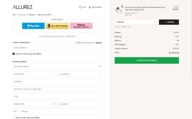 Allurez checkout page showing Allurez promo code box | Screenshot taken by SimplyCodes community member on Aug 5, 2025