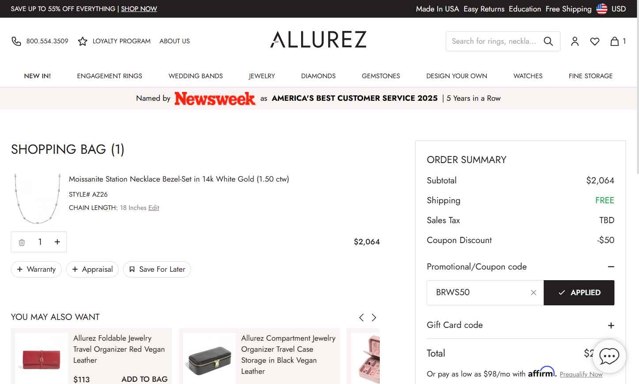 Allurez checkout page showing Allurez promo code box | Screenshot taken by SimplyCodes community member on Aug 21, 2025