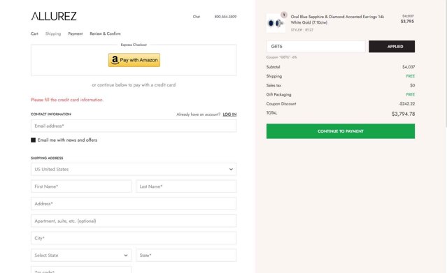 Allurez checkout page showing Allurez promo code box | Screenshot taken by SimplyCodes community member on Jul 19, 2025
