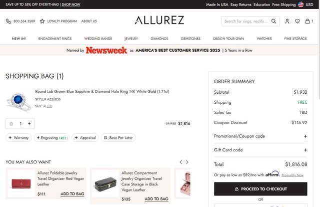 Allurez checkout page showing Allurez promo code box | Screenshot taken by SimplyCodes community member on Jul 19, 2025